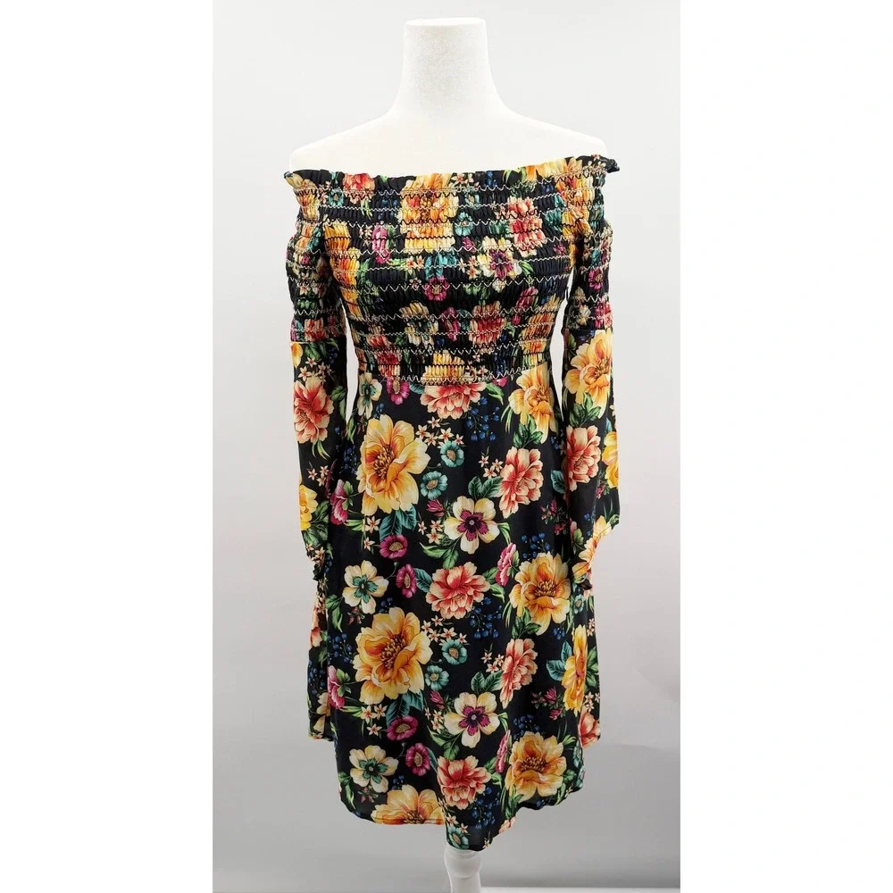 Farm Rio x Anthropologie Sasha Off-The-Shoulder Dress in‎ Black Floral Size XS - Picture 2 of 10